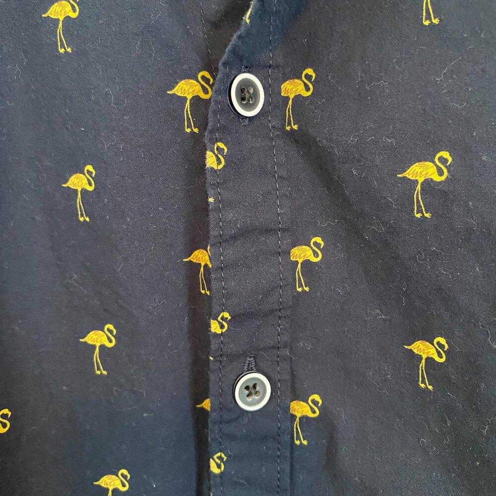 Men's Short Sleeve Collar Shirt, 100% Cotton, Navy with Flamingos, size Med - Picture 3 of 7